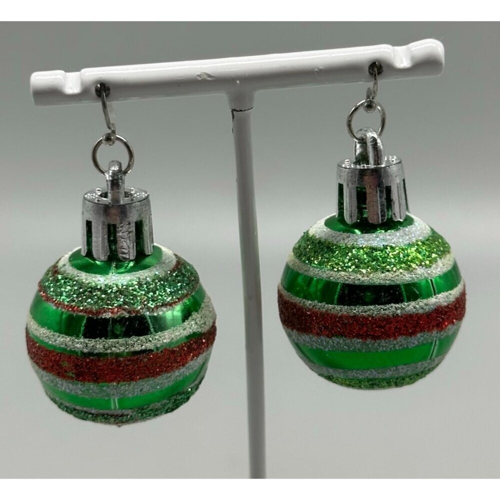 Christmas Ornament Earrings Green Glitter Ball Dangles Pierced Holiday 1.5"